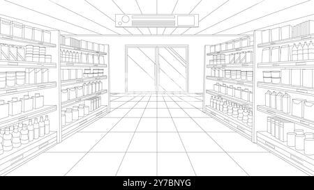 Illustration vectorielle d'un croquis de perspective de l'intérieur moderne vide de supermarché avec des étagères organisées et des allées claires. Représente l'espace de vente au détail, les magasins ou l'agencement d'un magasin dans des environnements commerciaux. Illustration de Vecteur