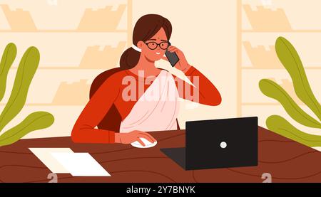 Femme indienne parlant sur le téléphone portable tout en utilisant un ordinateur portable. Jeune femme d'affaires travaillant dans le bureau, belle fille avec des lunettes et une robe traditionnelle assise à table pour travailler illustration vectorielle de dessin animé Illustration de Vecteur