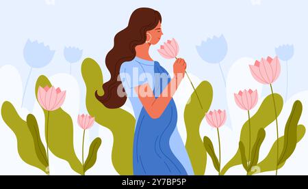 Jeune femme indienne en robe bleue traditionnelle tenant une fleur rose pour sentir le parfum floral. Joli portrait romantique de fille heureuse avec de longs cheveux debout dans l'illustration vectorielle de dessin animé de prairie d'été Illustration de Vecteur