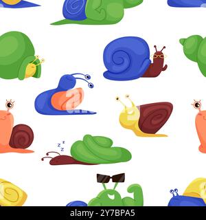 Les limaces de jardin arc-en-ciel rampent et mangent des feuilles, dorment et montrent des muscles forts et des yeux sur l'antenne, une maison de coquille de couleur différente, une illustration vectorielle d'expression triste et heureuse. Mignon escargots motif sans couture. Illustration de Vecteur