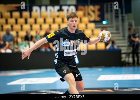 Odense, Danemark. 26 septembre 2024. Nils Lichtlein (17 ans) de Füchse Berlin vu lors du match de Ligue des Champions EHF entre Fredericia Handball Klub et Füchse Berlin au Jyske Bank Arena à Odense. Banque D'Images