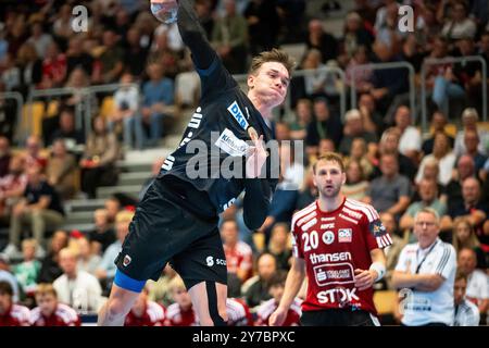 Odense, Danemark. 26 septembre 2024. Lasse Andersson (11 ans) de Füchse Berlin vu lors du match de Ligue des Champions EHF entre Fredericia Handball Klub et Füchse Berlin au Jyske Bank Arena à Odense. Banque D'Images