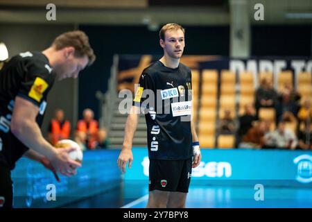 Odense, Danemark. 26 septembre 2024. Mathias Gidsel (19 ans) de Füchse Berlin vu lors du match de Ligue des Champions EHF entre Fredericia Handball Klub et Füchse Berlin au Jyske Bank Arena à Odense. Banque D'Images