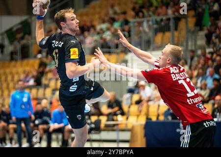 Odense, Danemark. 26 septembre 2024. Mathias Gidsel (19 ans) de Füchse Berlin vu lors du match de Ligue des Champions EHF entre Fredericia Handball Klub et Füchse Berlin au Jyske Bank Arena à Odense. Banque D'Images