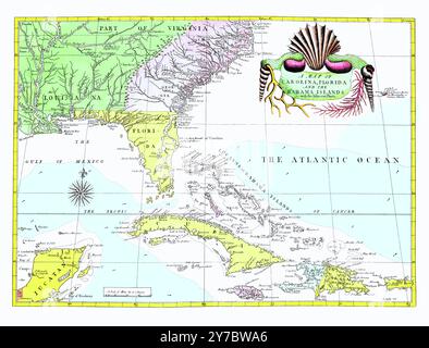 Carte de Floride, Caroline, Bahamas. Catesby, Mark. 1754 Banque D'Images