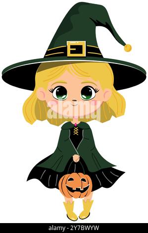 Jolie fille de sorcière blonde halloween tenant une citrouille. Illustration vectorielle Kawaii. Illustration de Vecteur