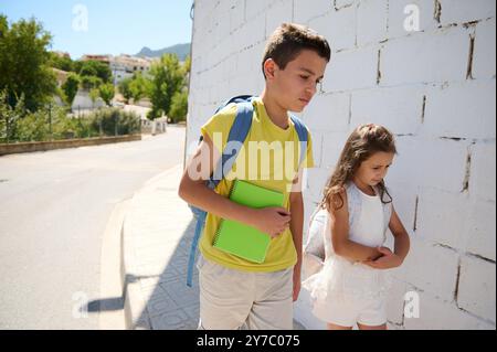 Deux enfants avec des sacs à dos marchent le long d'une rue ensoleillée. Le frère aîné porte un cahier, et la sœur cadette a l'air attentionnée. Banque D'Images