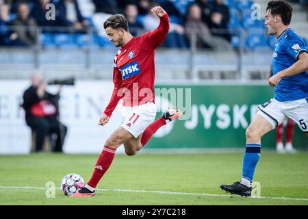 Copenhague, Danemark. 29 septembre 2024. Fredrik Carlsen de Silkeborg marque lors du match de super ligue entre Lyngby Boldklub et Silkeborg IF au Lyngby Stadium le dimanche 29 septembre 2024. (Photo : Thomas Traasdahl/Ritzau Scanpix) crédit : Ritzau/Alamy Live News Banque D'Images