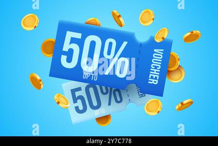 coupon 3d avec pièces d'or et boîte actuelle. Cadeau spécial avec coupons ou bon, pourcentage de réduction. Modèle de bon cadeau et d'affiche de pièce d'or. illustration vectorielle 3d. Illustration de Vecteur