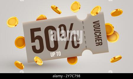 coupon 3d avec pièces d'or et boîte actuelle. Cadeau spécial avec coupons ou bon, pourcentage de réduction. Modèle de bon cadeau et d'affiche de pièce d'or. illustration vectorielle 3d. Illustration de Vecteur