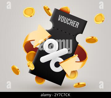 coupon 3d avec pièces d'or et boîte actuelle. Cadeau spécial avec coupons ou bon, pourcentage de réduction. Modèle de bon cadeau et d'affiche de pièce d'or. illustration vectorielle 3d. Illustration de Vecteur