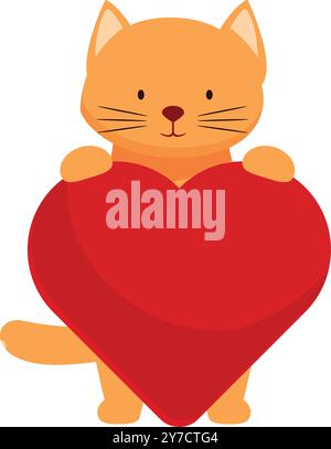 Chat de dessin animé mignon tient un grand cœur rouge, parfait pour la saint-valentin ou tout projet sur le thème de l'amour Illustration de Vecteur