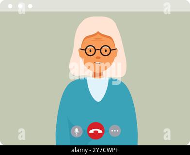 Femme senior portant des lunettes ayant un appel vidéo sur l'écran d'ordinateur, concept de communication en ligne Illustration de Vecteur