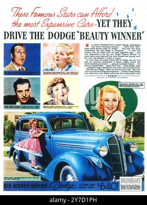 Publicité Dodge Berline 1936 avec Ginger Rogers Shirley Temple, Bing Crosby, Joan Bennett, Warner Baxter, Claudette Colbert Banque D'Images