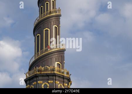 Détail de la tour en forme de tire-bouchon de l'église évangélique luthérienne du Sauveur, devant Frelsers Kirke, Christianshavn, Copenhague, Denmar Banque D'Images