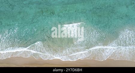 Les vagues de l'océan embrassent le rivage sablonneux dans un fond de plage sereine Banque D'Images