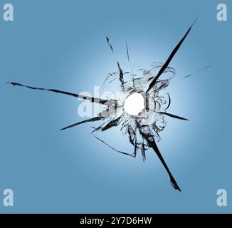 Trous de balle dans la fenêtre contre le ciel bleu. Conséquences de l'écaillage et des fissures sur le verre Banque D'Images