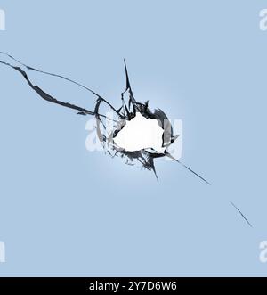 Élément fissuré sur la fenêtre cassée, texture pour le design. Un trou au centre du verre bleu Banque D'Images