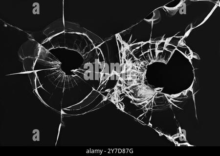 L'effet du verre brisé d'une prise de vue. Illustration de trous de balles de pistolet dans le pare-brise d'une voiture sur fond noir Banque D'Images