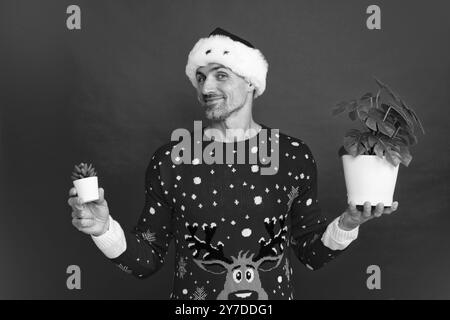 Homme en chandail de Noël et chapeau sur fond de couleur. Pot de conservation de Santa avec plante. père noël d'âge moyen. Banque D'Images