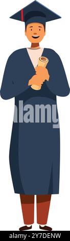 Jeune homme dans la robe académique et casquette de graduation tient son diplôme, excité pour l'avenir Illustration de Vecteur