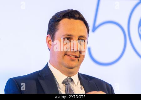 Birmingham, Royaume-Uni. 29 SEP, 2024. Ben Houchen, maire conservateur de Tees Valley, prend la parole le premier jour de la conférence du parti conservateur depuis le centre de conférence ICC à Birmingham, c'est la première conférence en 14 ans où les conservateurs se retrouvent dans l'opposition. Crédit Milo Chandler/Alamy Live News Banque D'Images