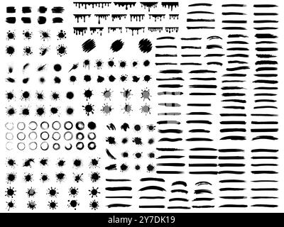 Grand grand ensemble d'éléments grunge dessinés à la main isolés sur fond blanc. Bordures d'encre noire, coups de pinceau, taches, bannières, taches, éclaboussures. Vecteur Illustration de Vecteur
