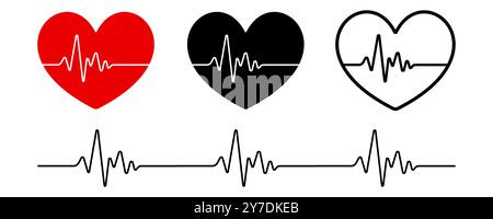 Icônes de cœur définies. Icône de pulsation. Signes cardiaques médicaux. Signe de cardiogramme. Symboles de médecine. Contour modifiable. Vecteur. Illustration de Vecteur