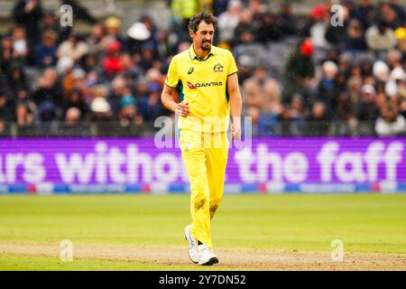 Bristol, Royaume-Uni, 29 septembre 2024. Mitchell Starc, l'australien, lors du match international d'un jour de la Fifth Metro Bank entre l'Angleterre et l'Australie. Crédit : Robbie Stephenson/Gloucestershire Cricket/Alamy Live News Banque D'Images