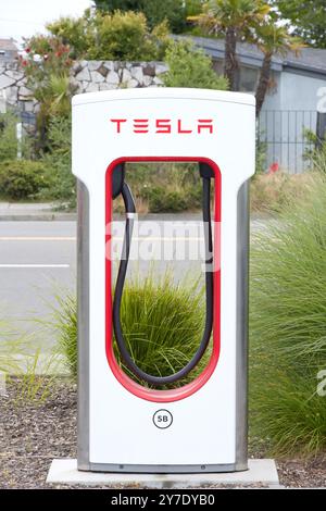 Alameda, CA - 25 mai 2024 : gros plan sur la station de Superrecharge Tesla branchée sur EV. Les stations Tesla Supercharger permettent aux voitures Tesla d'être rapidement chargées A. Banque D'Images