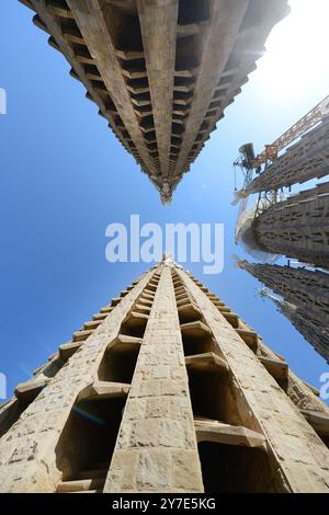 Looking up at the towers of the Sagrada Familia Basilica in Barcelona, spain. Stock Photo