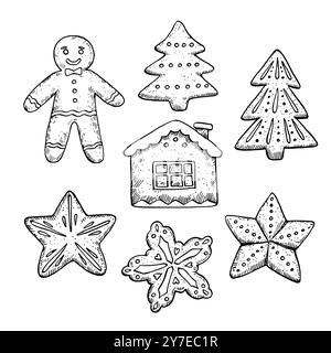 Biscuits en pain d'épices en forme d'homme et en forme d'étoiles, flocon de neige, arbre de Noël et maison. Illustrations de contour noir et blanc pour le design et la colorine Illustration de Vecteur