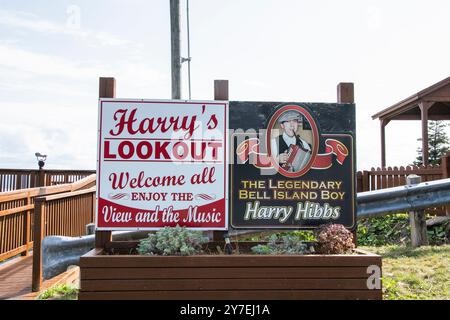 Bienvenue au panneau Harry's Lookout près du terminal de ferry à Wabana, Bell Island, Terre-Neuve-et-Labrador, Canada Banque D'Images