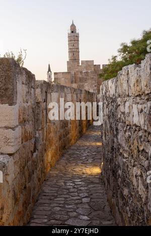 Vue sur la citadelle de la Tour de David depuis le sommet des remparts de la vieille ville de Jérusalem. Banque D'Images