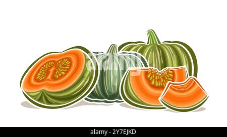 Vector Kabocha logo, affiche horizontale décorative avec composition de kabocha juteux vert de dessin animé avec chair orange, placard avec groupe de differe Illustration de Vecteur