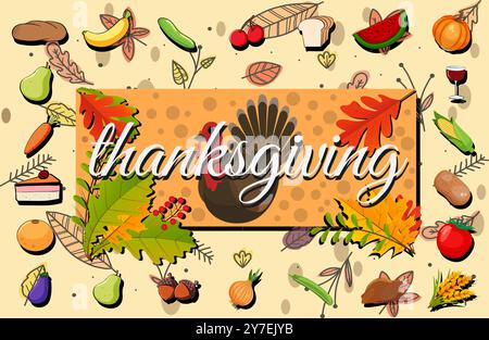 Illustration vibrante du jour de Thanksgiving avec une dinde et une bannière festive de récolte saisonnière. Parfait pour célébrer les traditions d'automne et les vacances. Illustration de Vecteur