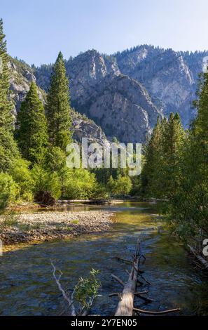 Vue panoramique sur Roaring River dans le parc national de Kings Canyon, Californie. Banque D'Images