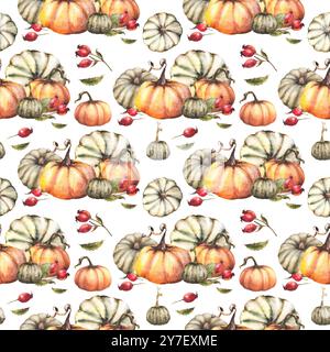 Citrouilles aquarelle avec baie d'églopin sauvage, fruits briar, modèle sans couture de rose de chien illustration de récolte d'automne. Tissu dessiné à la main pour le jour de Thanksgiving Banque D'Images