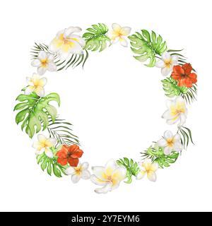 Fleurs tropicales feuilles Plumeria et Hibiscus. Cadre de couronne. Illustration botanique à l'aquarelle. Élément de conception pour cartes, invitations, sites Web, blogs Banque D'Images