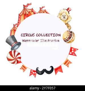 Cadre couronne Vintage Circus. Ballons, Skittles, Top Hat, Bow, moustache magicien, balles. Illustration aquarelle. Tons rouge beige. Pour les cartes postales, po Banque D'Images