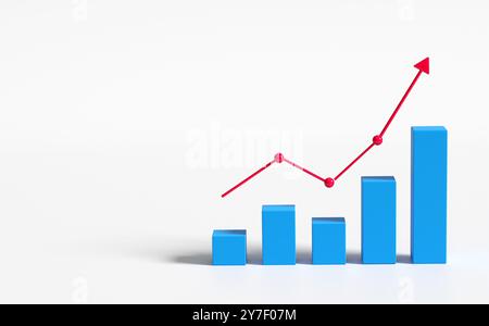 Le graphique à barres bleues s'élève avec une flèche rouge, symbolisant la croissance des affaires et de la finance. Développement des entreprises et prospérité économique. rendu 3d. Banque D'Images