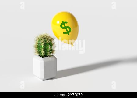 Dévaluation de la monnaie du dollar, crise, risque et concept de bulle économique. Ballon jaune avec un signe dollar flotte à côté d'un cactus sur un dos blanc Banque D'Images