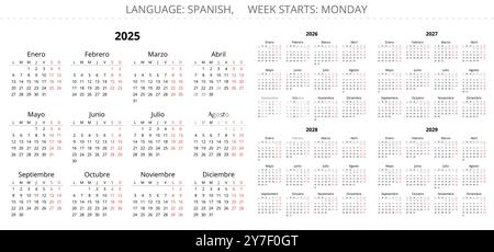 calendriers espagnols 2025, 2026, 2027, 2028, 2029. Conception minimaliste d'illustration vectorielle avec une mise en page propre. Espagne. Illustration de Vecteur