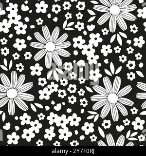Motif sans couture noir et blanc. Illustration dessinée à la main. Silhouette de différentes fleurs abstraites stylisées Illustration de Vecteur