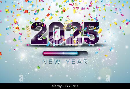 2025 nouvel an à venir illustration avec le numéro 3d, la barre de progression et la chute de confettis colorés sur fond de confettis tombant. Design des fêtes avec Illustration de Vecteur