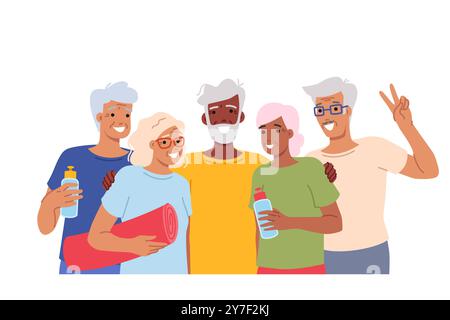 Personnes âgées avec des équipements sportifs pour le fitness ou la course et le yoga, posant pour le portrait de groupe Illustration de Vecteur