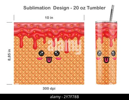 Glace à la fraise Puffy Kawaii drôle. Modèle de sublimation sans couture pour 20 oz Skinny Tumbler. Sans couture d'un bord à l'autre. Emballage pour gobelet complet. Banque D'Images