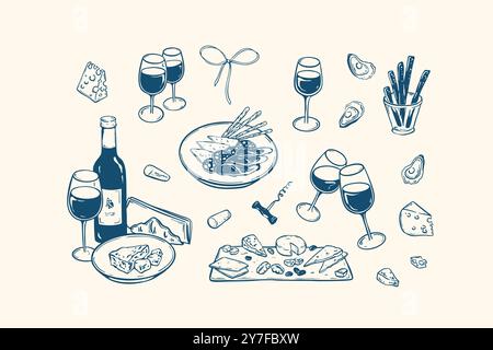 Jeu d'illustrations vectorielles d'écriture manuscrite minimaliste de vin et de poétiseurs. La Dolce Vita. Brie, camembert, roquefort, parmesan, salami, jamon charcute Illustration de Vecteur