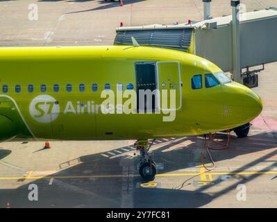 Détail d'un avion (Airbus A320-271N) appartenant à la compagnie aérienne russe S7 Airlines à l'aéroport international de Domodedovo, oblast de Moscou, Russie Banque D'Images