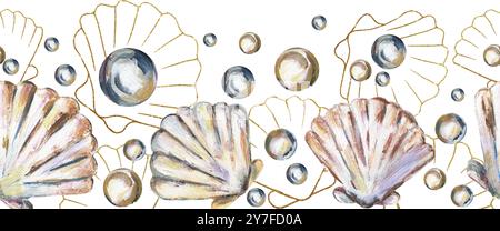 Illustration de bordure sans couture d'Acryl Seashell, coquille dessinée à la main graphique et motif de répétition de perles Banque D'Images
